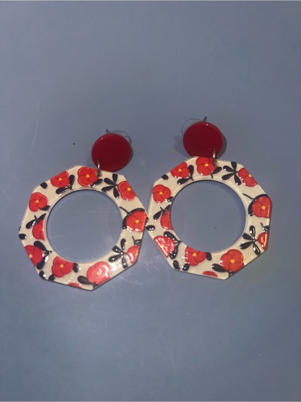 Red Floral Hexagon Hoop Dangle Earrings